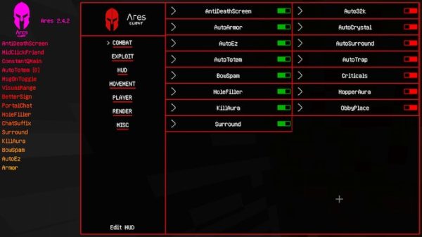 Ares чит-клиент для Майнкрафт 1.16.5 / 1.12.2